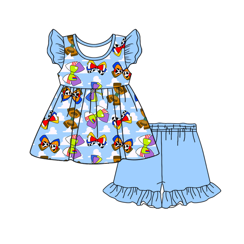 Custom moq 3 eta 7/8week moq 5 eta /4/5week baby girl clothes cartoon flying Sleeve Top Shorts Set