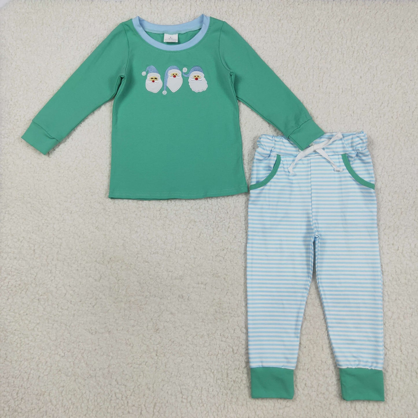 RTS NO MOQ（In Stock) BLP1168 Embroidered Santa Claus green long-sleeved blue striped pantsuit