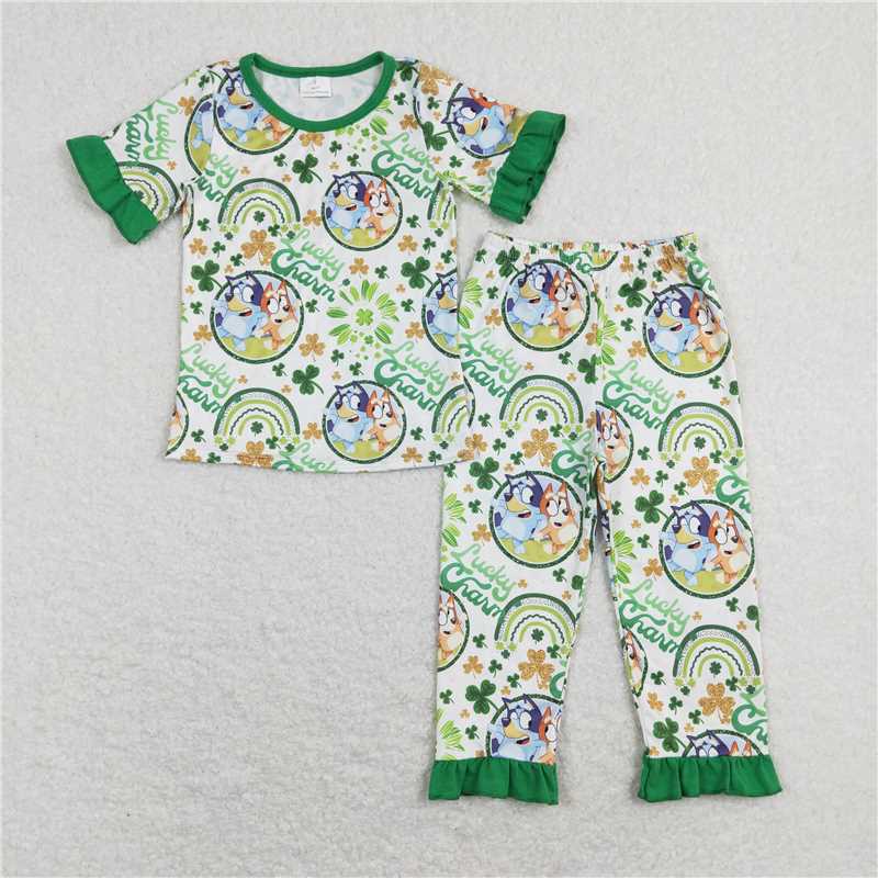 RTS NO MOQ St. Patrick's Four Leaf Clover short sleeve pants set & baby blanket