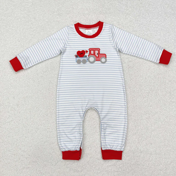 RTS NO MOQ Baby Girls and Boys Embroidered Valentine's Day Hearts Light Blue Striped Mixed Set