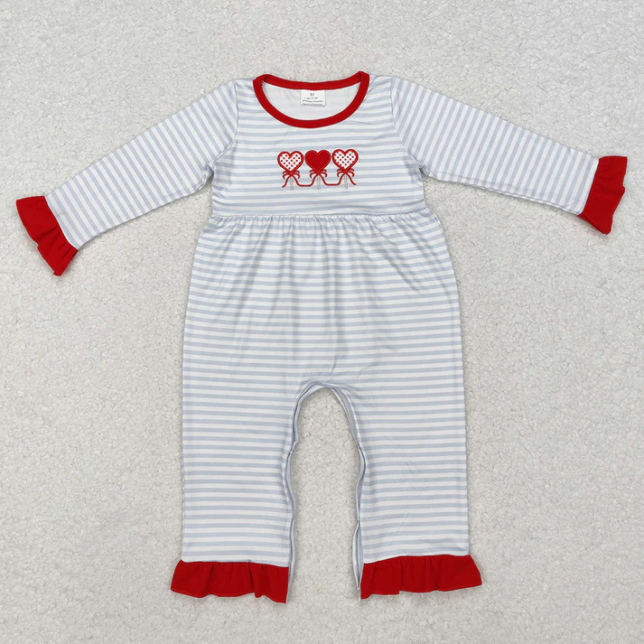 RTS NO MOQ Baby Girls and Boys Embroidered Valentine's Day Hearts Light Blue Striped Mixed Set