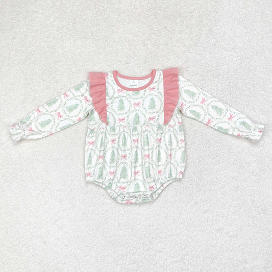 rts no moq LR1105 Pink lace long-sleeved jumpsuit with Christmas tree bow pattern