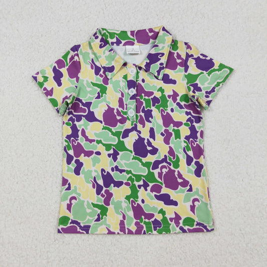 RTS NO MOQ（In Stock) BT1345 Carnival green, yellow, and purple camouflage button-down short-sleeved top