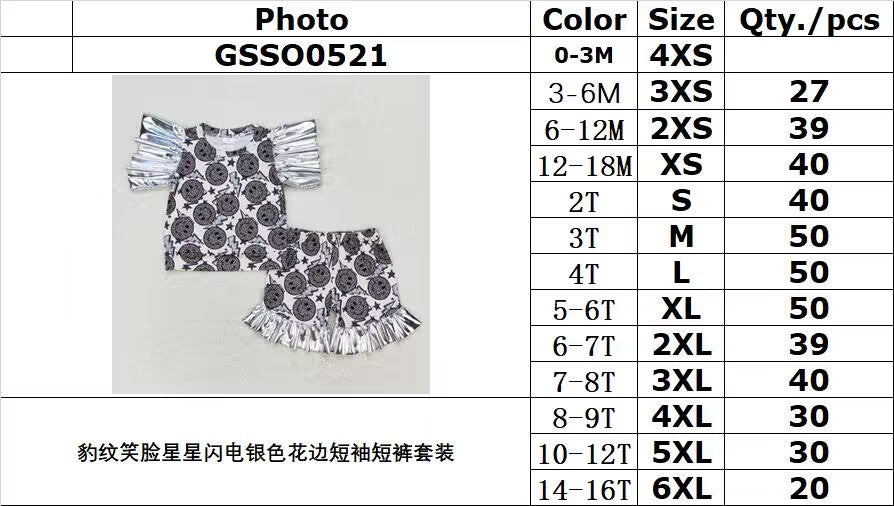 rts no moq GSSO0521 Leopard print smiley star lightning silver lace short-sleeved shorts suit