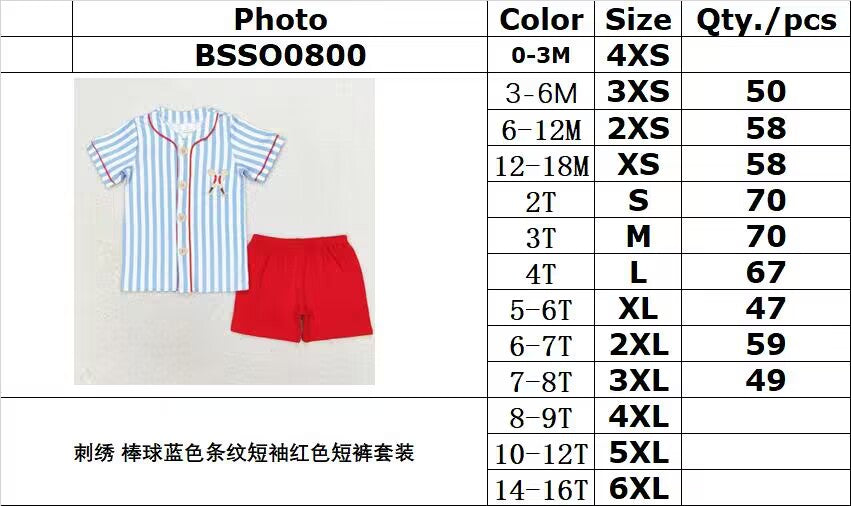 rts no moq BSSO0800 embroidery baseball blue striped short-sleeved red shorts set