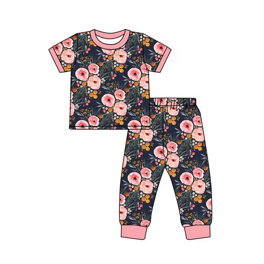 custom moq 5 eta 5-6weeks baby girls clothes floral short sleeve grid Pants Sets