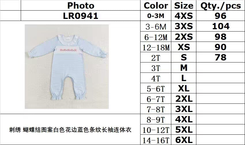 rts no moq LR0941 Embroidered bow pattern white lace blue striped long sleeve jumpsuit GSD1038