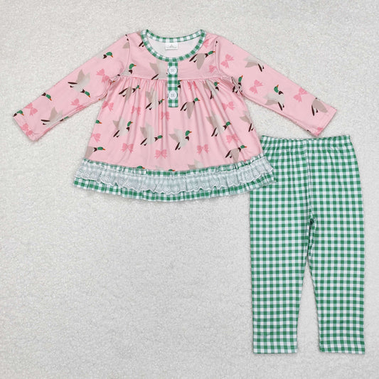 rts no moq GLP1753 Duck bow pattern green plaid lace pink long-sleeved trousers set