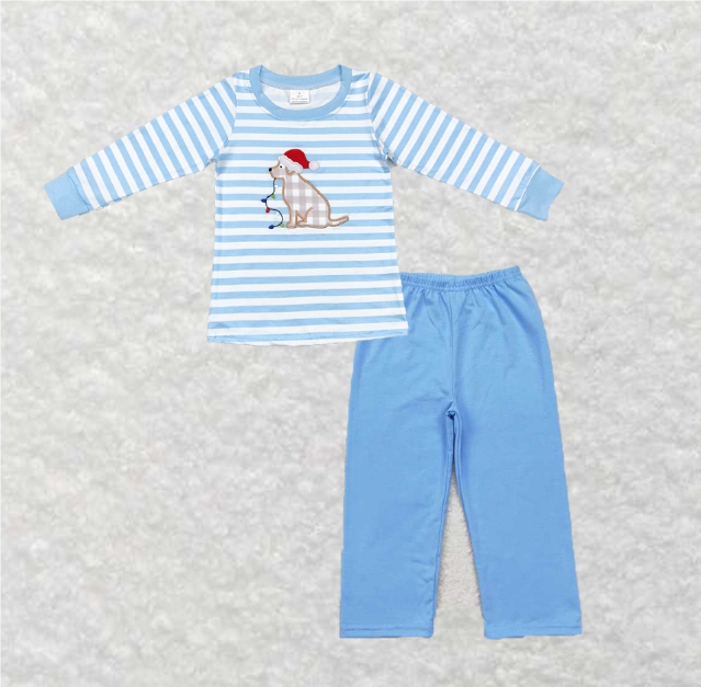 rts no moq BT0791+P0579 Embroidered Christmas hat puppy lights striped blue and white long-sleeved top trousers sets