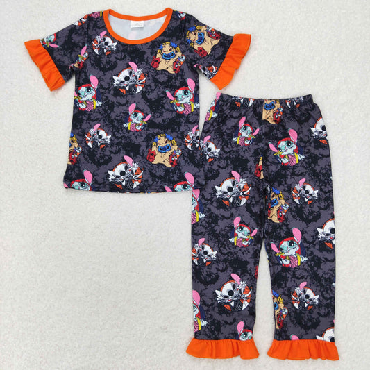 RTS NO MOQ GSPO1580 Halloween Stitch bat orange lace black and gray short sleeve long pants pajamas set
