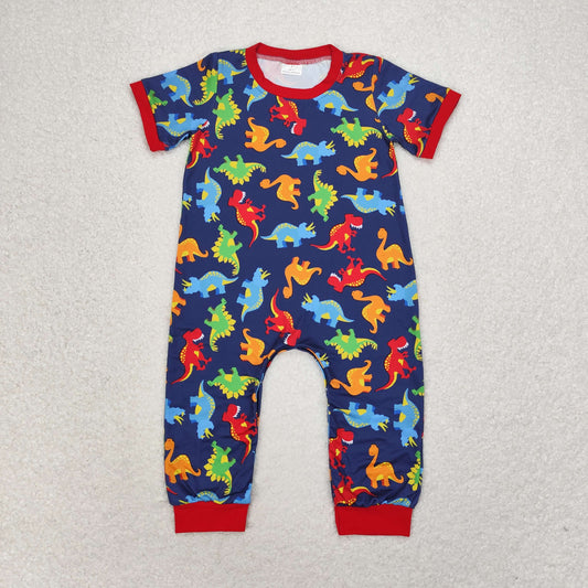 RTS no moq SR0468 Dinosaur blue and red short-sleeved jumpsuit