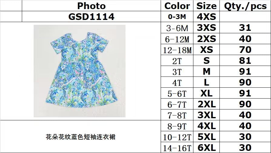 RTS no moq GSD1114 Floral blue short-sleeved dress