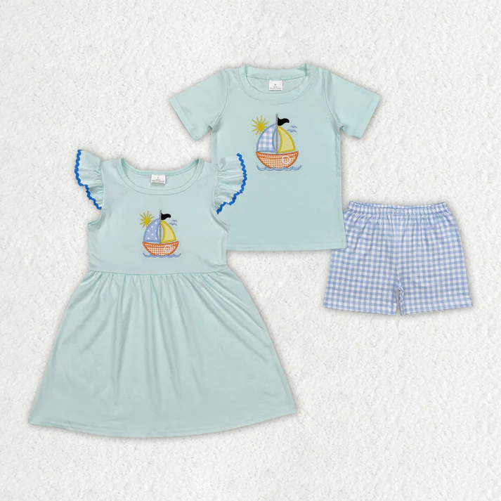 RTS NO MOQ Boys and Girls embroidery Summer Mixed Outfit