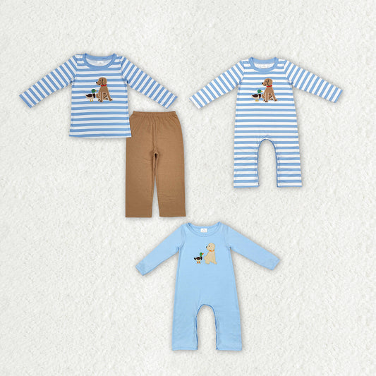 RTS NO MOQ BLP0805 LR1644 LR0994  Embroidered Puppy-Duck Blue Striped Long Sleeve Suit & Long Cremper