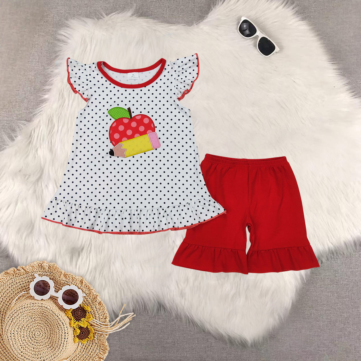 RTS NO MOQ baby girl clothes embroidery back to school short-sleeved shorts suit & short-sleeved sets