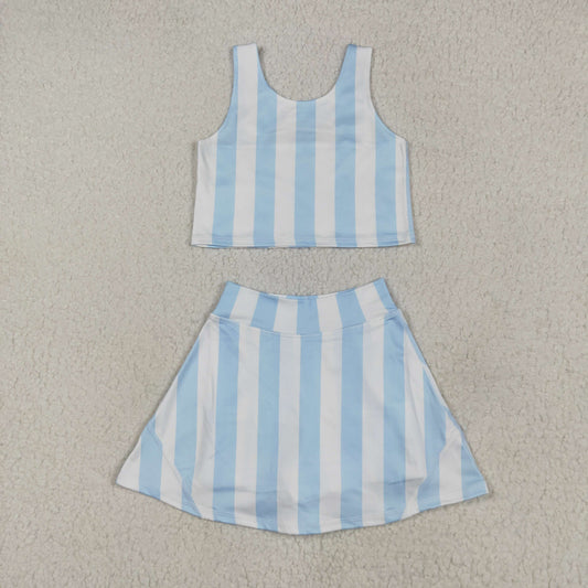 RTS NO MOQ GSD2433 Light blue striped sleeveless pants skirt yoga suit