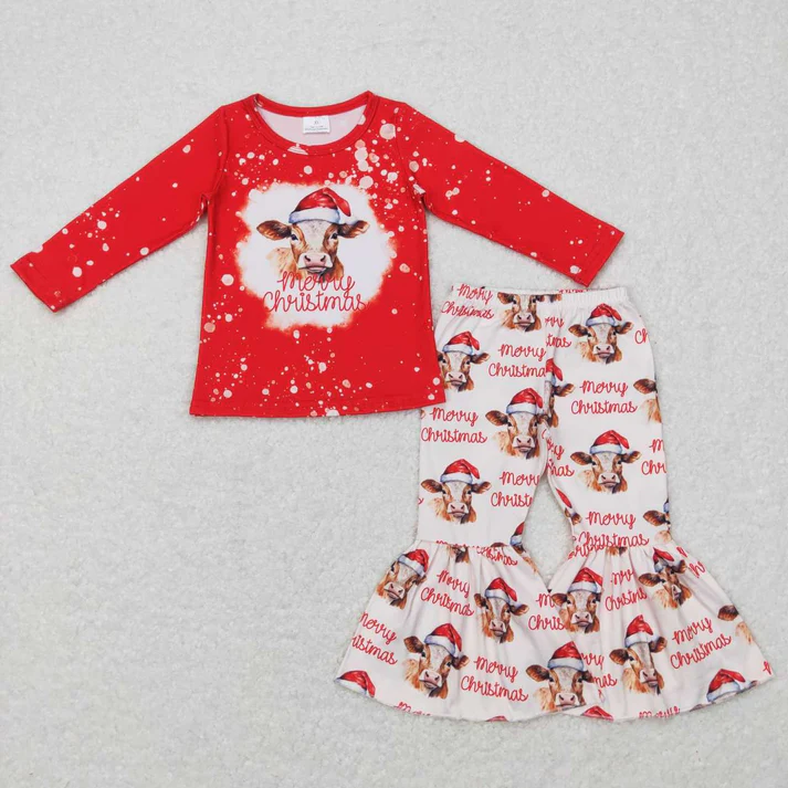 RTS NO MOQ Sibling Baby girls boy clothes Christmas cow long-sleeved trousers suit & rompers（