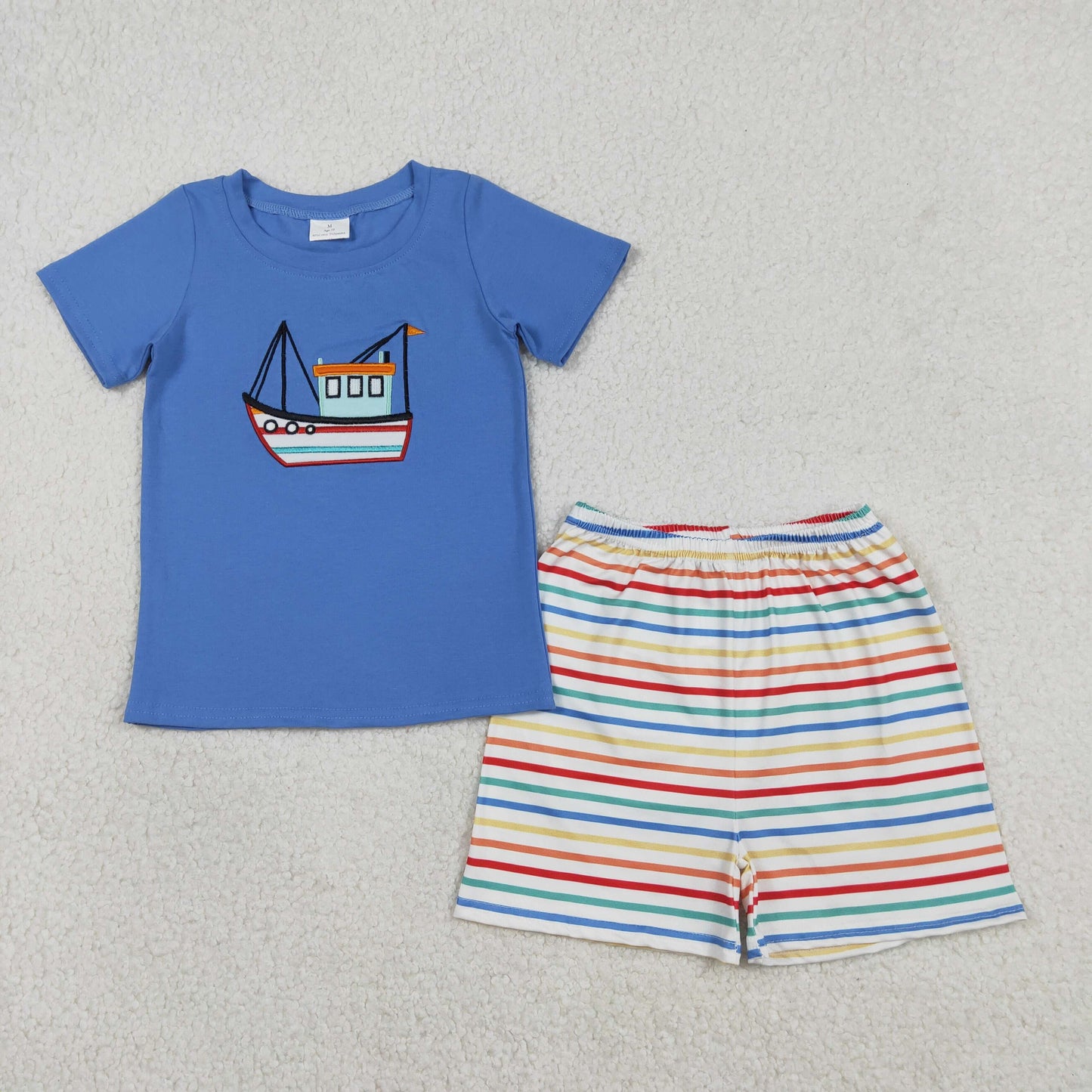 RTS NO MOQ（In Stock) BSSO1754 Embroidered Ship Blue Short-Sleeved Colorful Striped Shorts Set