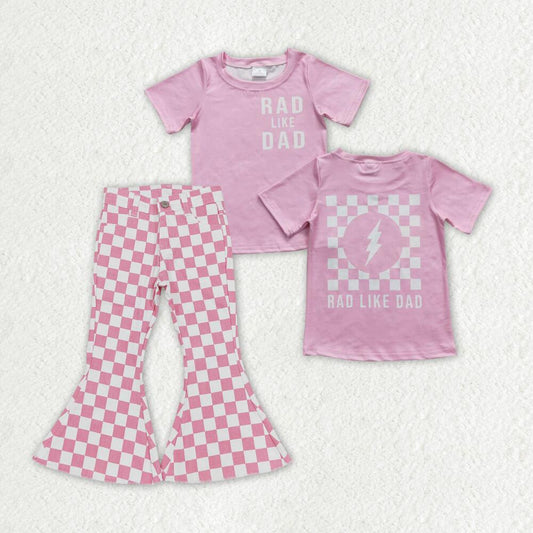 GT0309+P0348 rad like dad letter lightning plaid short-sleeved top Pink and white plaid denim jeans