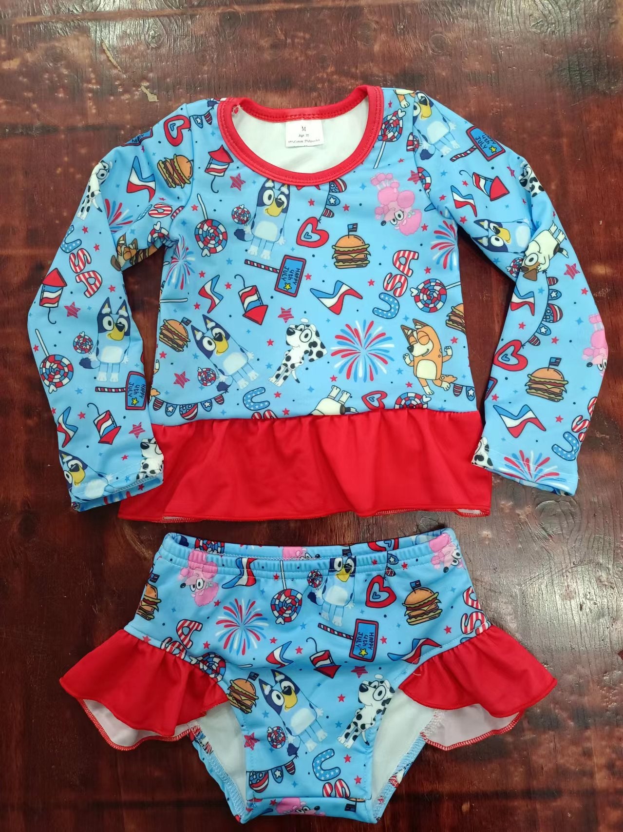 custom moq 5 eta 5weeks mix size Summer cartoon dog fire blue long sleeve swimsuit suit