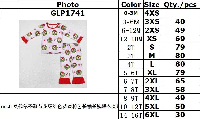 BAMBOO RTS NO MOQ ETA 5/7days GLP1741 grinch modal Christmas wreath red lace pink long-sleeved long pants pajama set