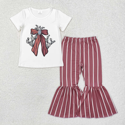 RTS NO MOQ ETA 5/7days Arrived GSPO1704 Cactus bow white short sleeve brown stripe long pants set