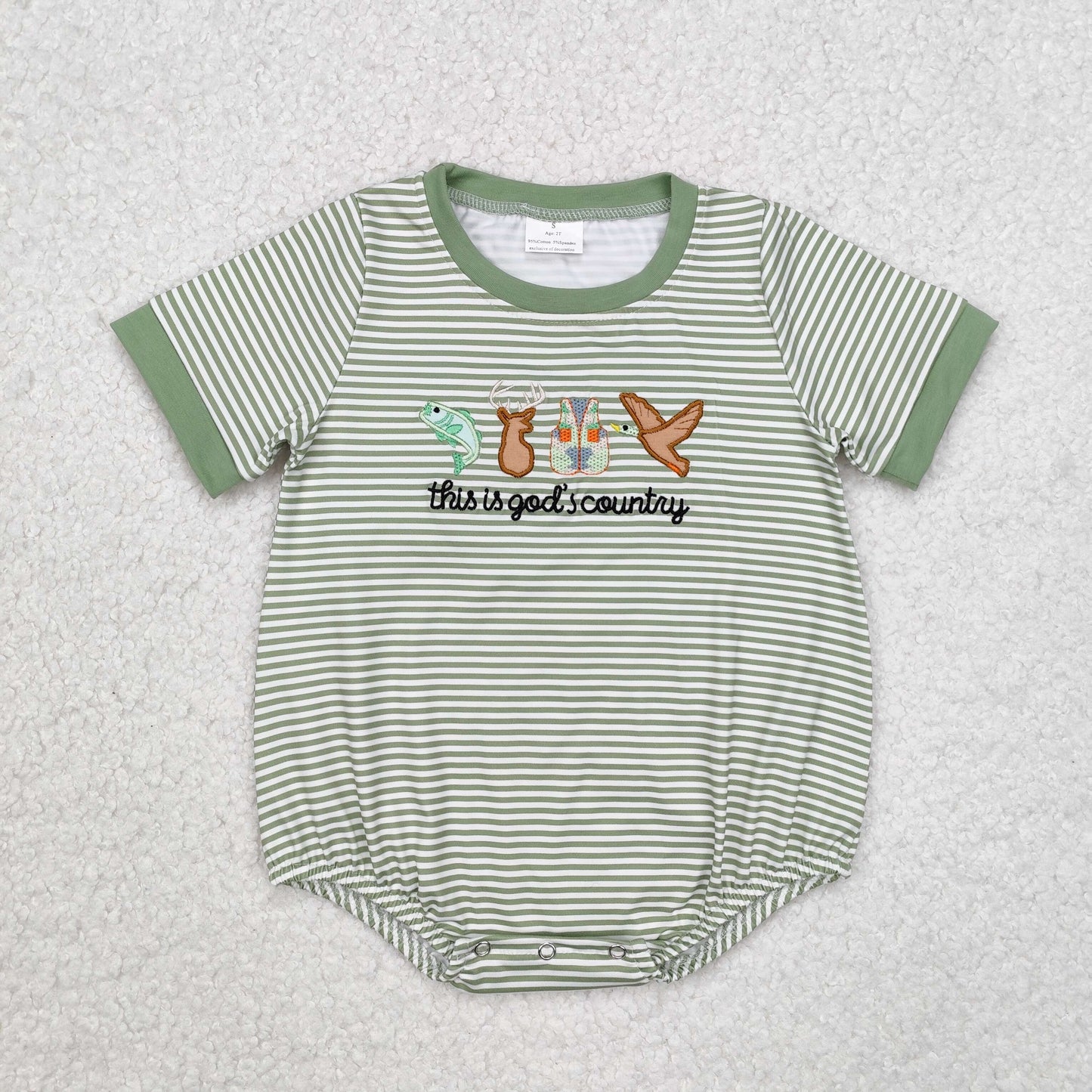 RTS NO MOQ ETA 5/7days arrived SR2263 god's country embroidered fish deer vest duck green striped short-sleeved jumpsuit