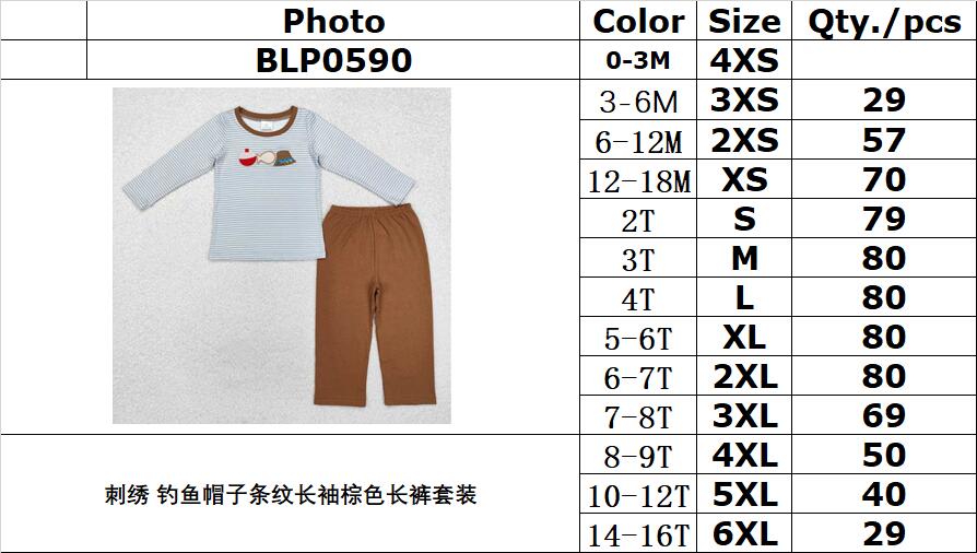 RTS NO MOQ ETA 5/7days Arrived BLP0590 Embroidered fishing hat striped long sleeve brown trousers set