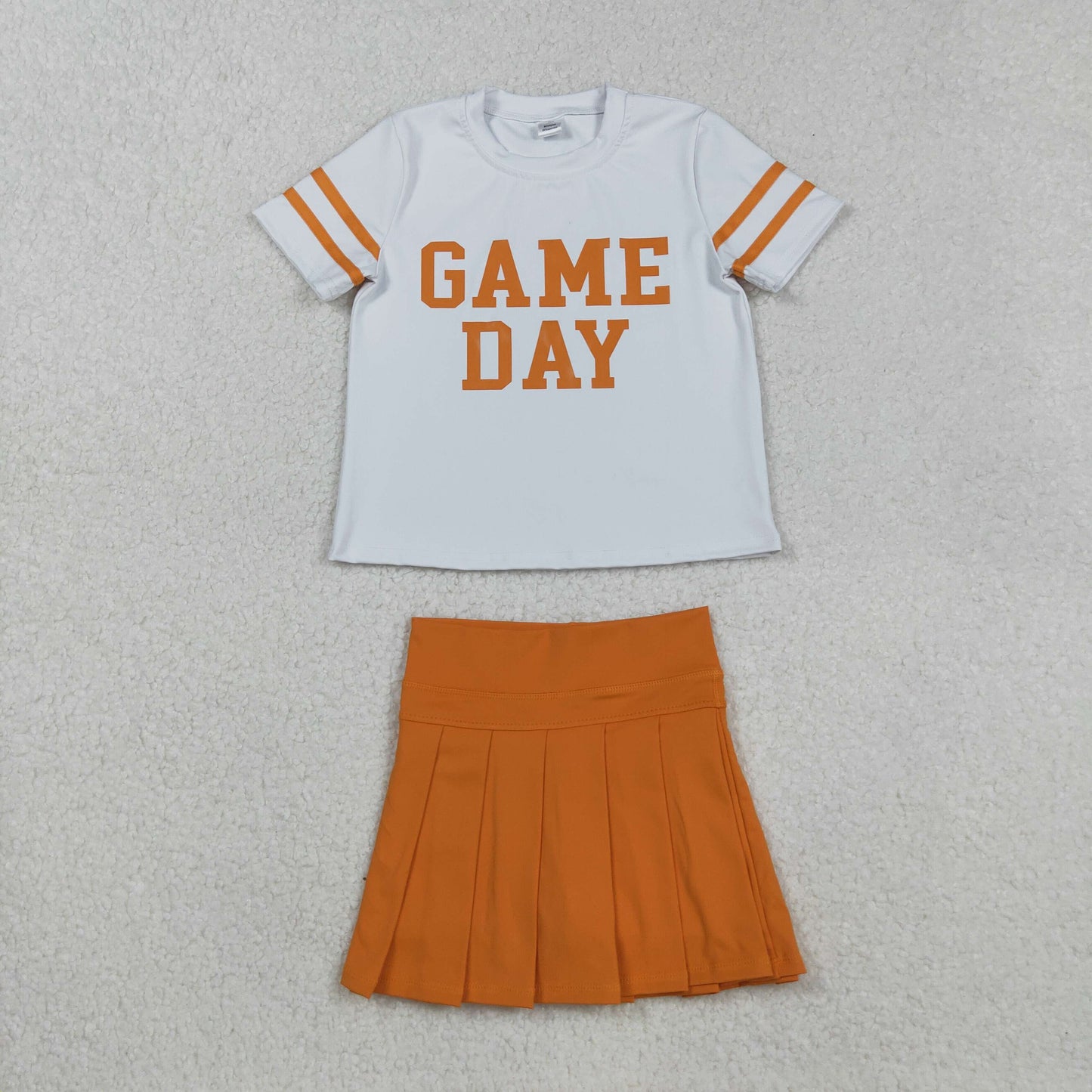 RTS NO MOQ（In Stock) GT1116+GLK0109 Game Day short-sleeved yoga top with offset lettering and stripes Solid yellow and orange yoga skirt set
