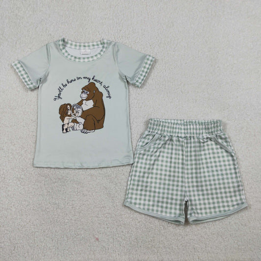 RTS NO MOQ（In Stock) BSSO1702 You'll be here in my heart, always. Aura blue short-sleeved shirt and green plaid shorts set.