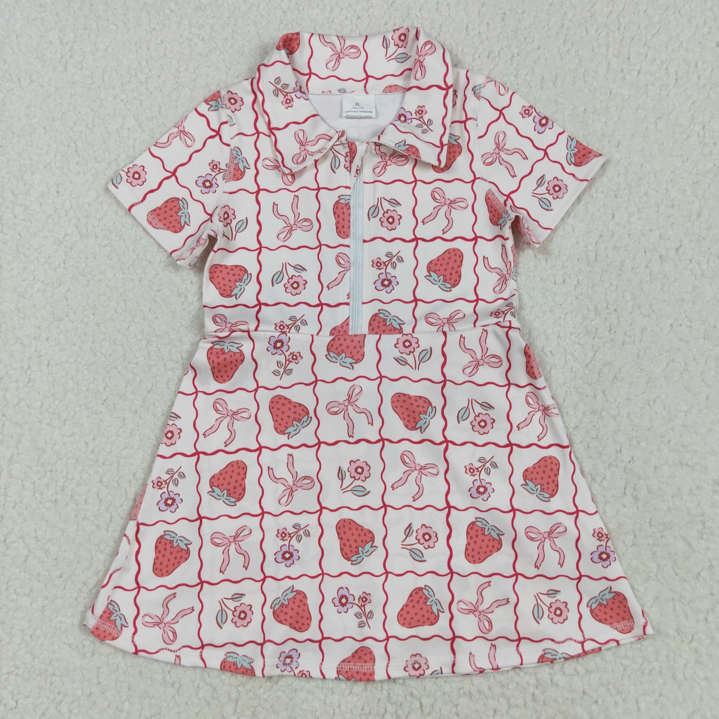 RTS NO MOQ GSD2407 Strawberry flower pink bow pattern plaid yoga short-sleeved dress