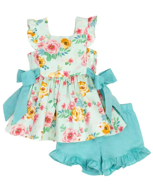 custom moq 5 eta 5-6 weeks baby girls clothes floral sleeveless teal shorts summer outfit