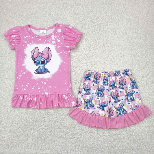 RTS NO MOQ GSSO1071 Stitch short-sleeved pink and white plaid shorts set