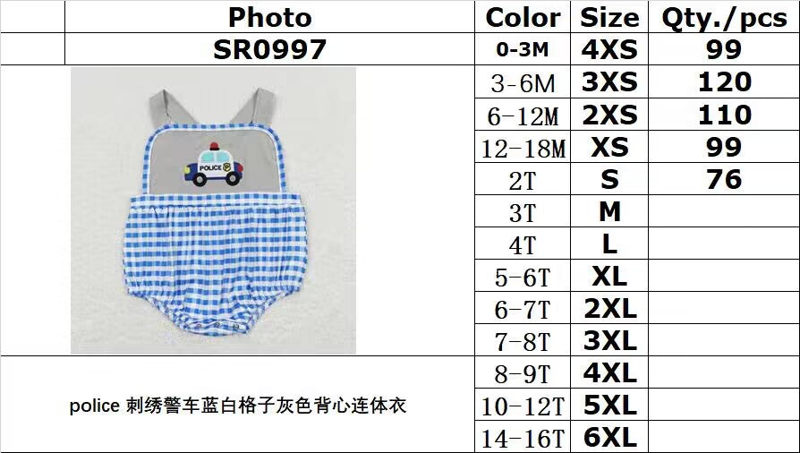 SR0997 police embroidered police car blue and white plaid gray vest jumpsuit