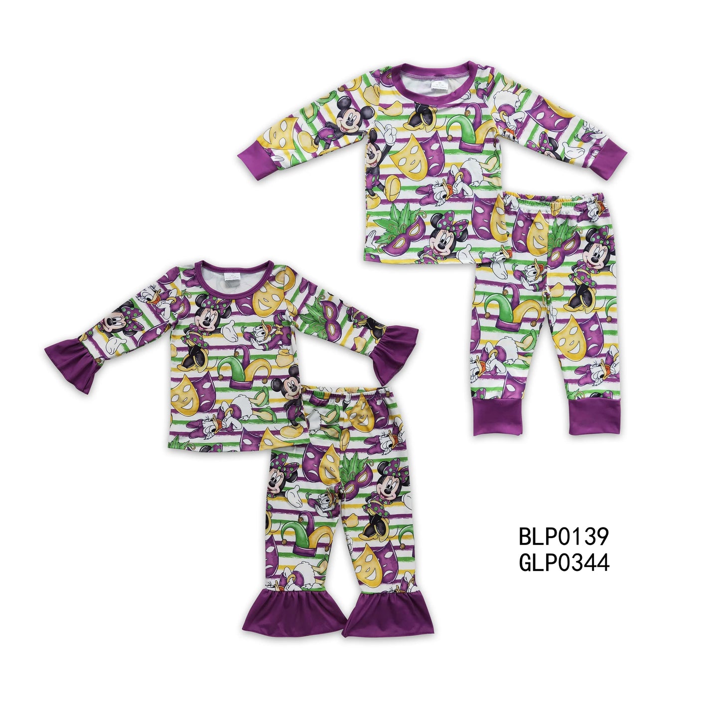 RTS NO MOQ BLP0139+GLP0344 Baby Girls and Boys Clown-Mask Purple Striped Long Sleeve Pants Set