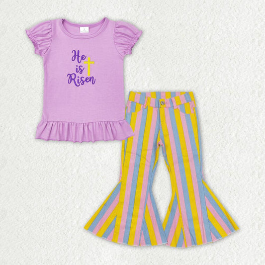 GT0393+P0332 he is risen purple lantern sleeve short-sleeved top with embroidered cross Pink blue and yellow striped denim jeans