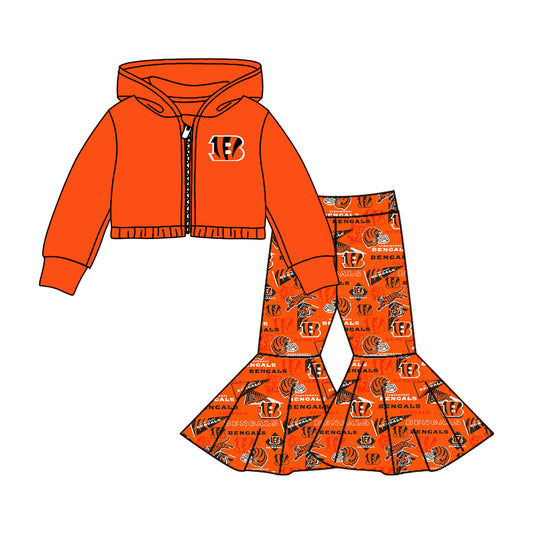 Deadline June 10 Custom no moq baby girls long outfits Orange team long sleeve and long pants suit