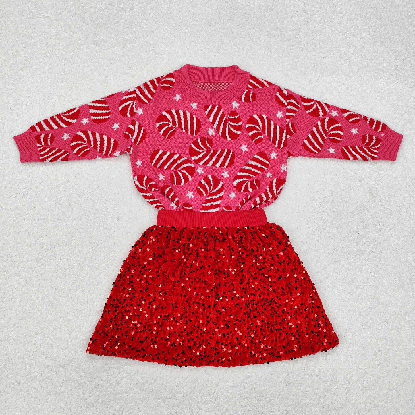 RTS NO MOQ ETA 5/7days GT0665+GLK0027 Christmas cane star pink long-sleeved sweater Red sequin skirt