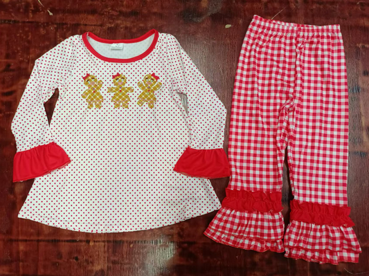 Custom moq 3 eta 6-7weeks  Cookie Bear Red Polka Dot Lace Long Sleeve Top - Red Plaid Trousers Set