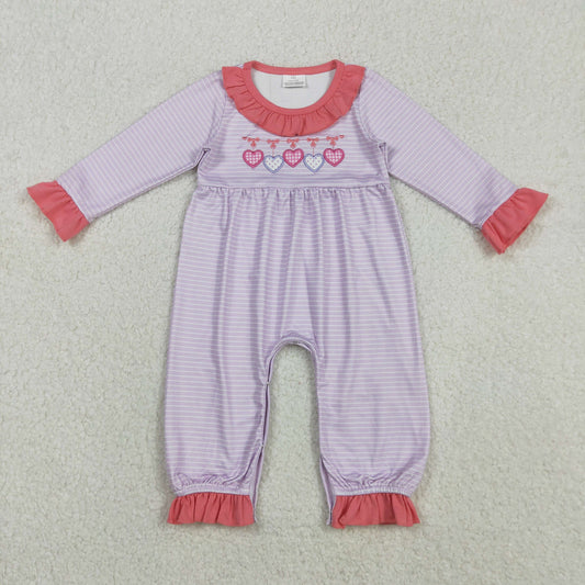 RTS NO MOQ（In Stock) LR2706 Embroidered Valentine's Day Heart-Patterned Purple Striped Long-Sleeved Jumpsuit