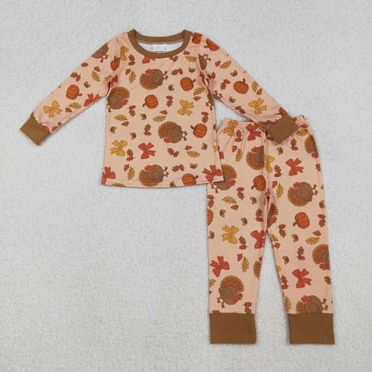 12/18m-7/8t RTS NO MOQ（In Stock) GLP2883 Turkey Pumpkin Bow Pattern Long-Sleeved Pants Set