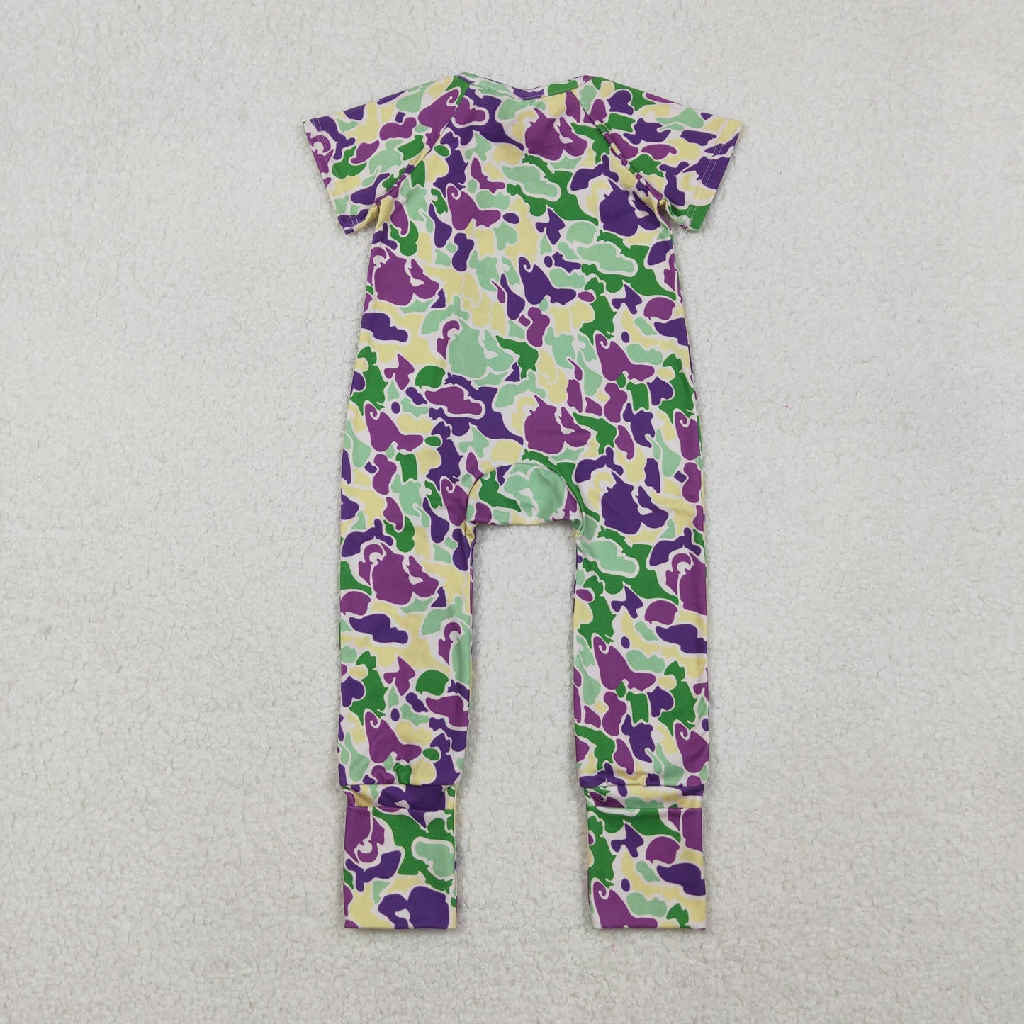 RTS NO MOQ（In Stock) SR3211 Carnival green, yellow, and purple camouflage short-sleeved zip-up bodysuit