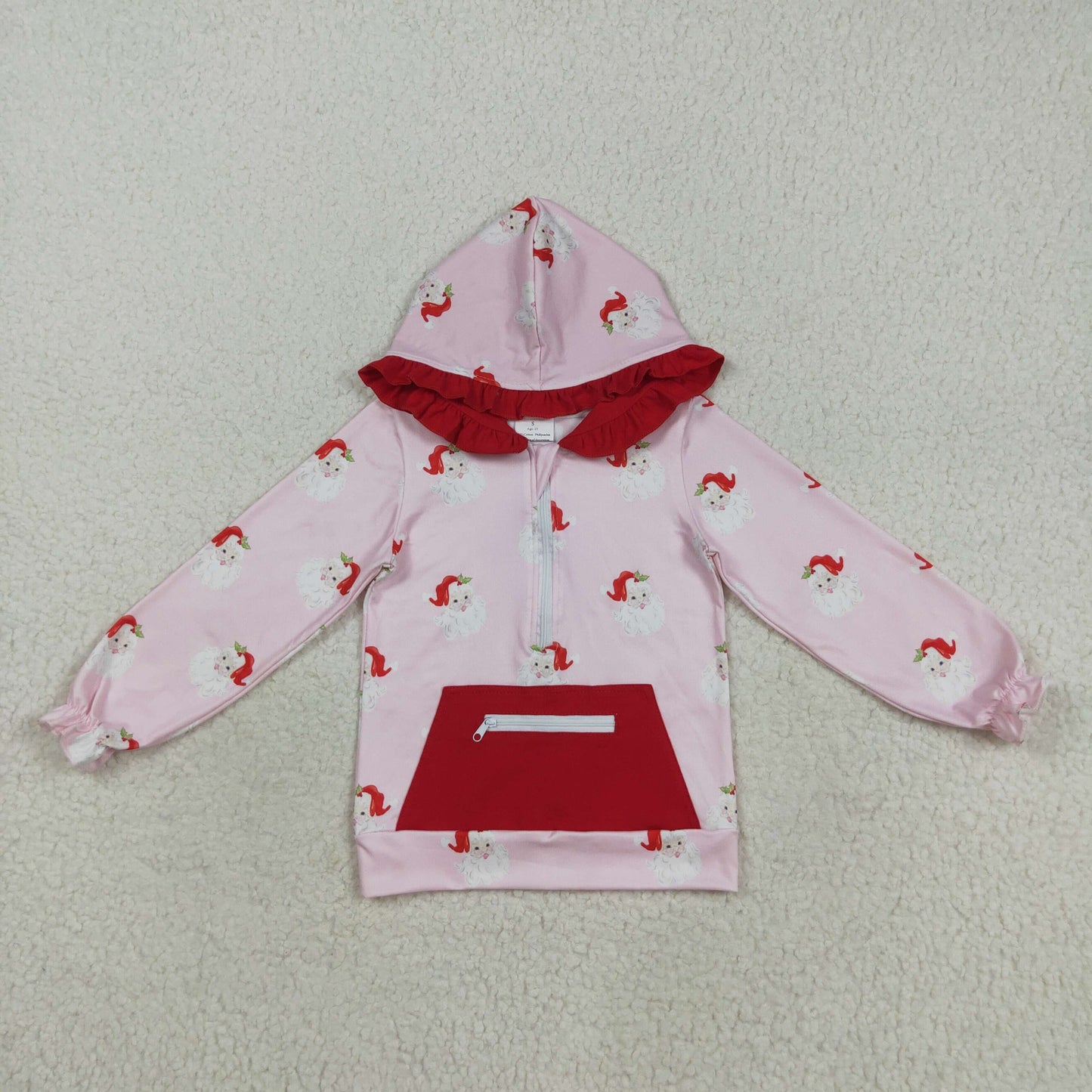 RTS NO MOQ（In Stock) GT1047 Santa Claus Red Pocket Pink Zippered Hooded Long-Sleeved Top