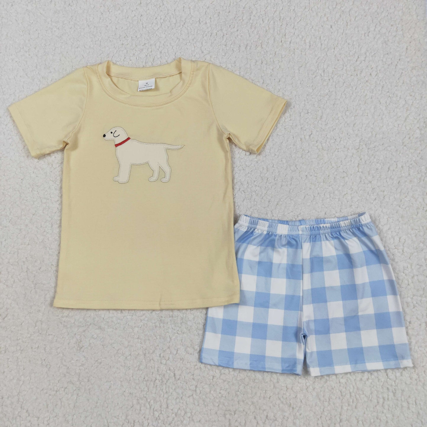RTS NO MOQ BSSO1058 Embroidered Puppy Yellow Short Sleeve Blue Plaid Shorts Set