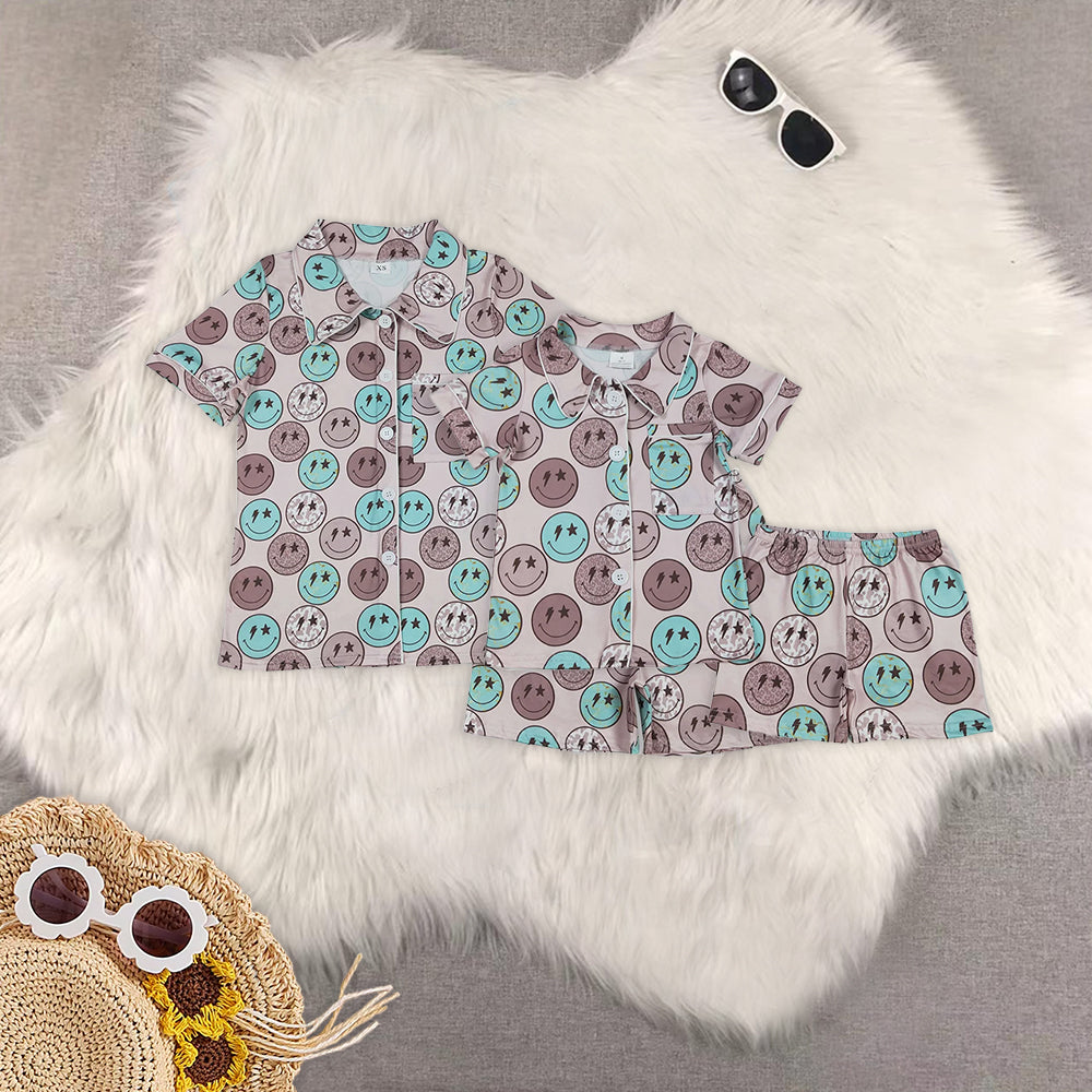 RTS NO MOQ Adult Girls smiley Short Sleeve Shorts Pajama Set & kids shorts sets
