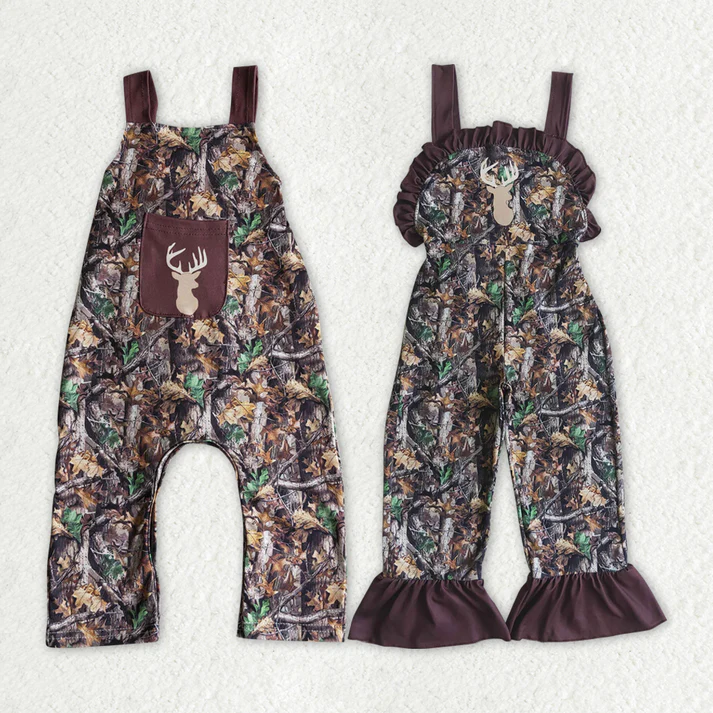 RTS NO MOQ Baby Boys and Girls Brown Dry Leaves and Branches Overalls with Embroidered Christmas Elk