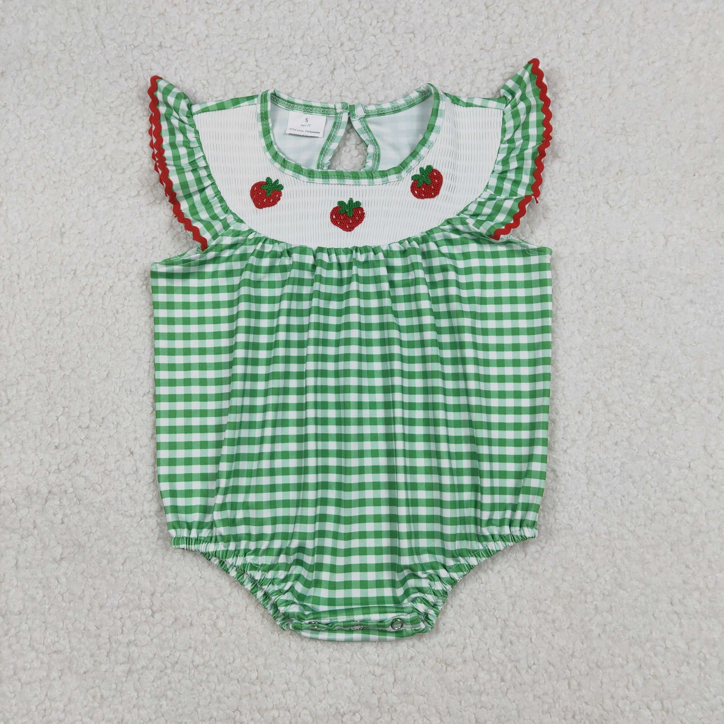 RTS NO MOQ（In Stock) Embroidered Strawberry Green and White Checkered Flutter Sleeve Jumpsuit