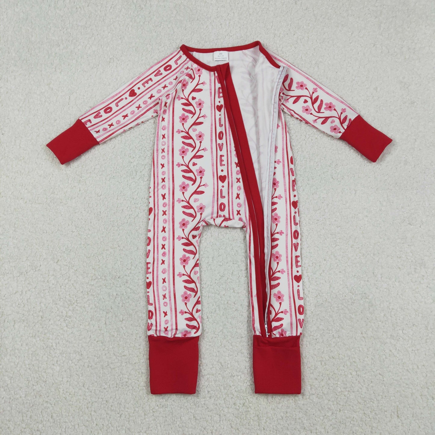 RTS NO MOQ（In Stock ) Love Xoxo Flower Pink Vertical Striped Zipper Long-Sleeved Bodysuit