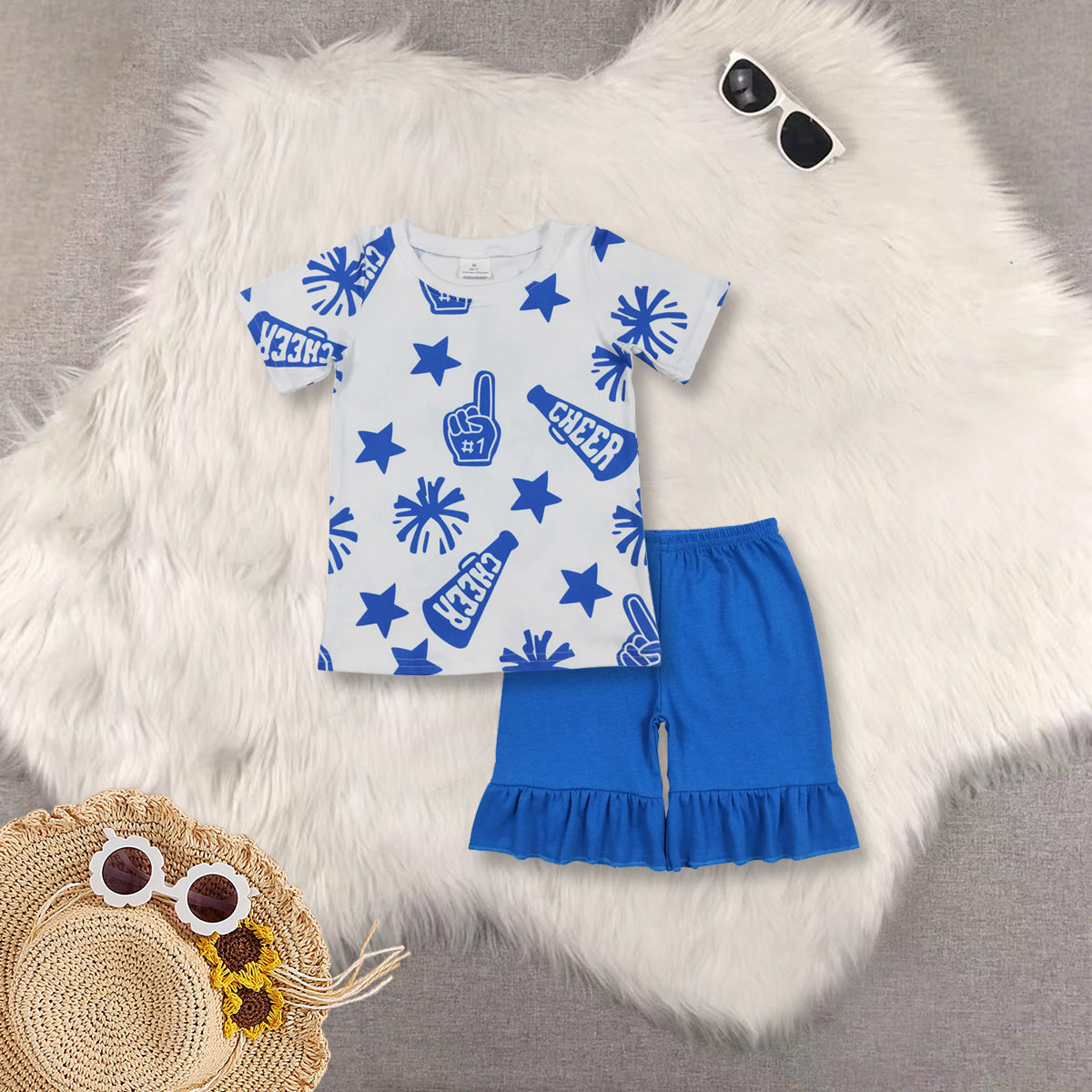 RTS NO MOQ Sibling baby girls clothes cheer blue short sleeve top shorts sets