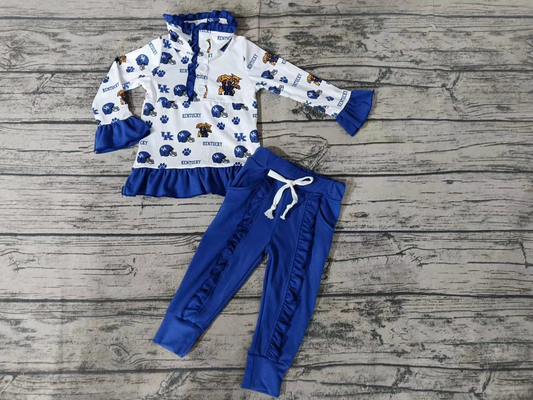 Deadline October 7 custom no moq eta 6-8weeks Blue cat paw & sports helmet pattern pleated loose flared sleeve button pullover long sleeve trousers set